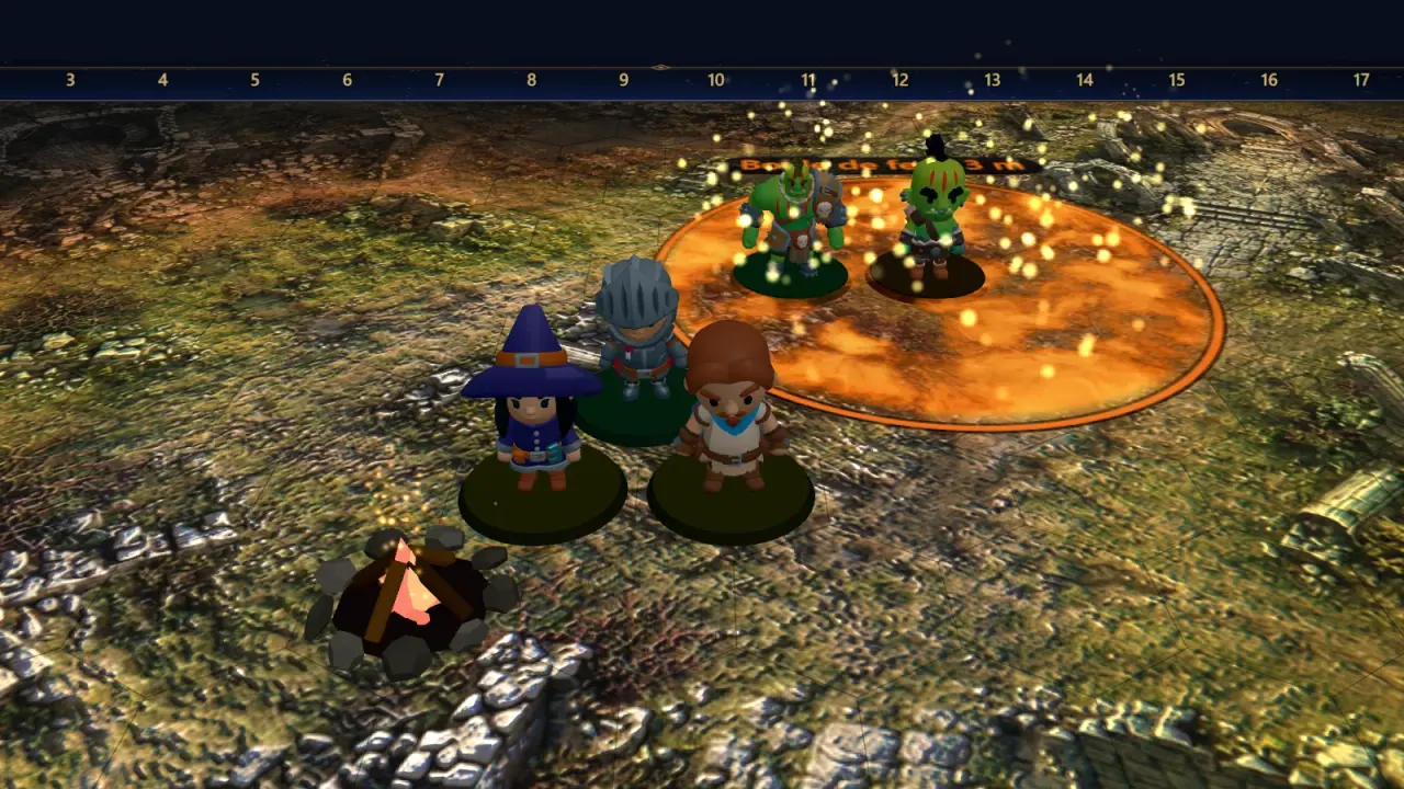 Une table Orb : un chevalier, une magicienne et un rôdeur près d'un feu de camp, face à deux orcs pris dans une boule de feu, sur une carte de ruines.