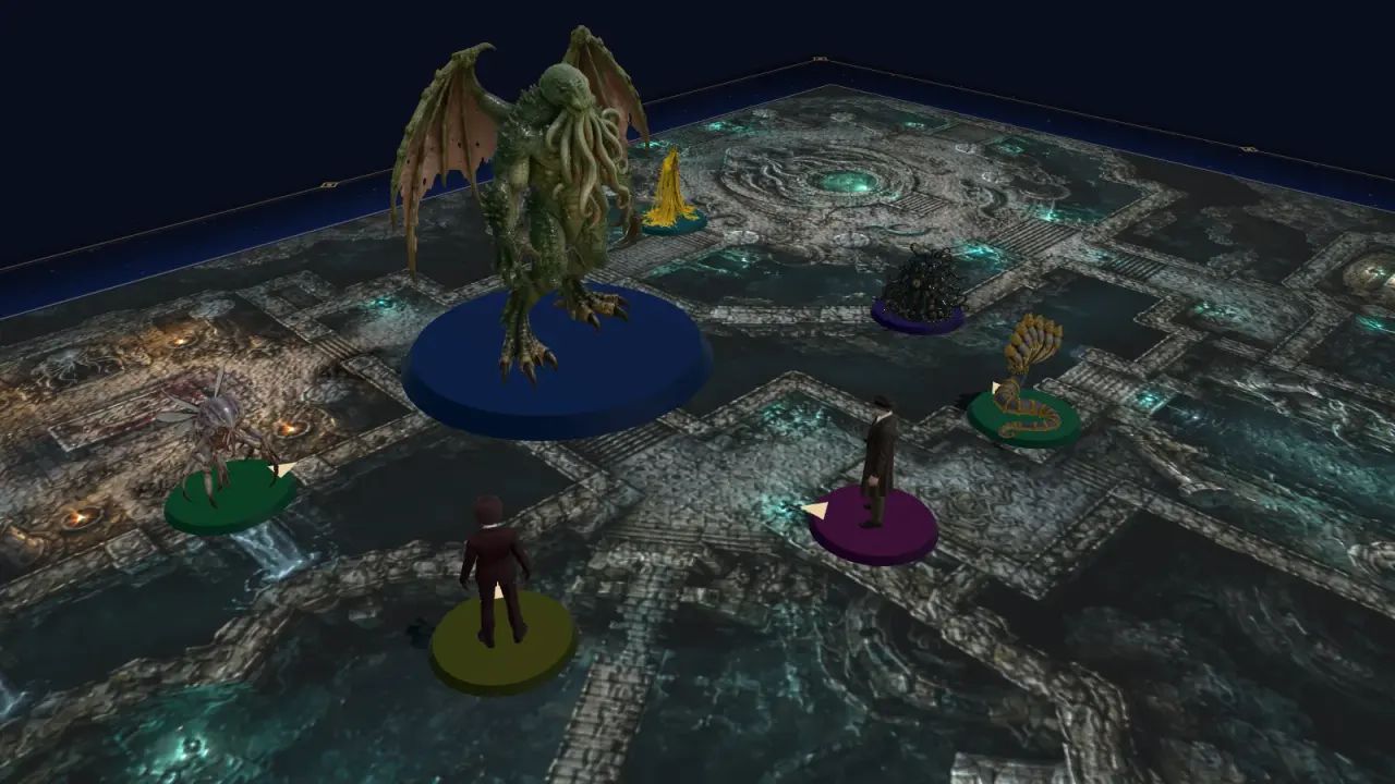 A sunken temple: a huge winged Cthulhu in the middle of the map; around it, a mi-go, a detective, a serpent man, a shoggoth, a seven-headed naga and Hastur in a yellow cloak.
